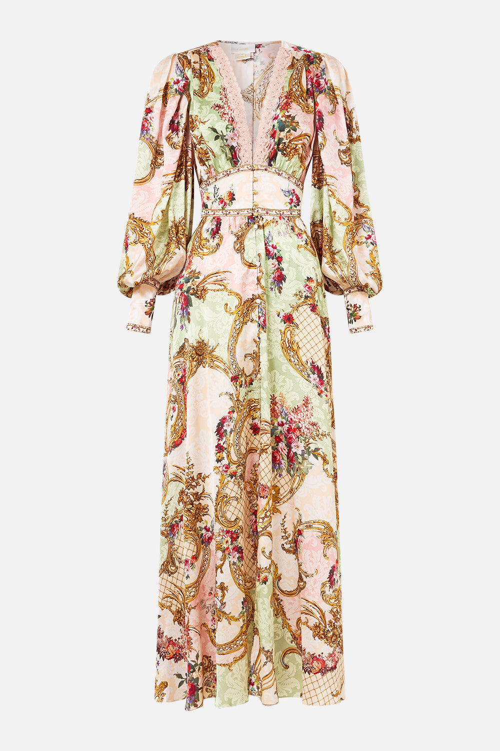 The CAMILLA SHAPED WAISTBAND DRESS WITH GATHERED SLEEVES THE QUEENS QUARTERS in our  print.