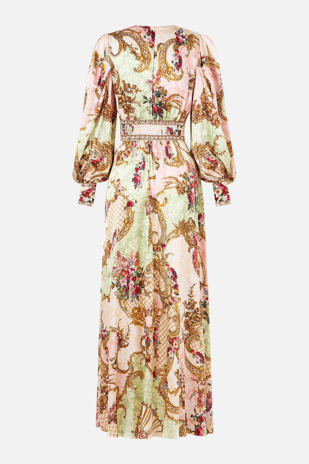 The CAMILLA SHAPED WAISTBAND DRESS WITH GATHERED SLEEVES THE QUEENS QUARTERS in our  print.