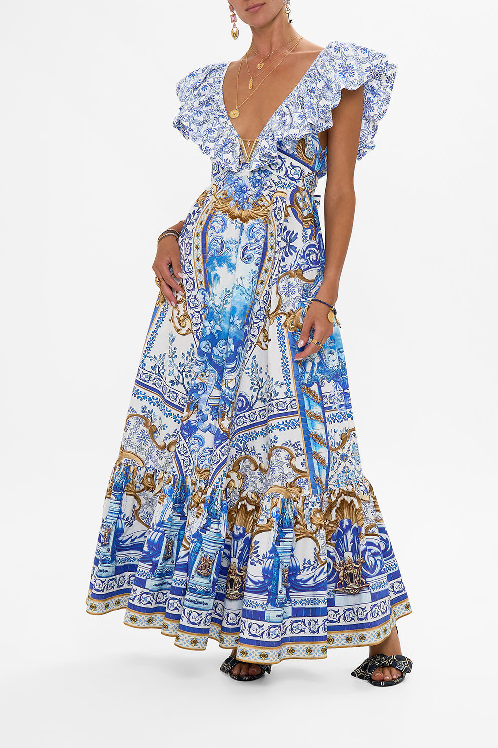 The CAMILLA FRILL NECK DRESS WITH HARDWARE AZUL ADVENTURES in our AZUL ADVENTURES print.