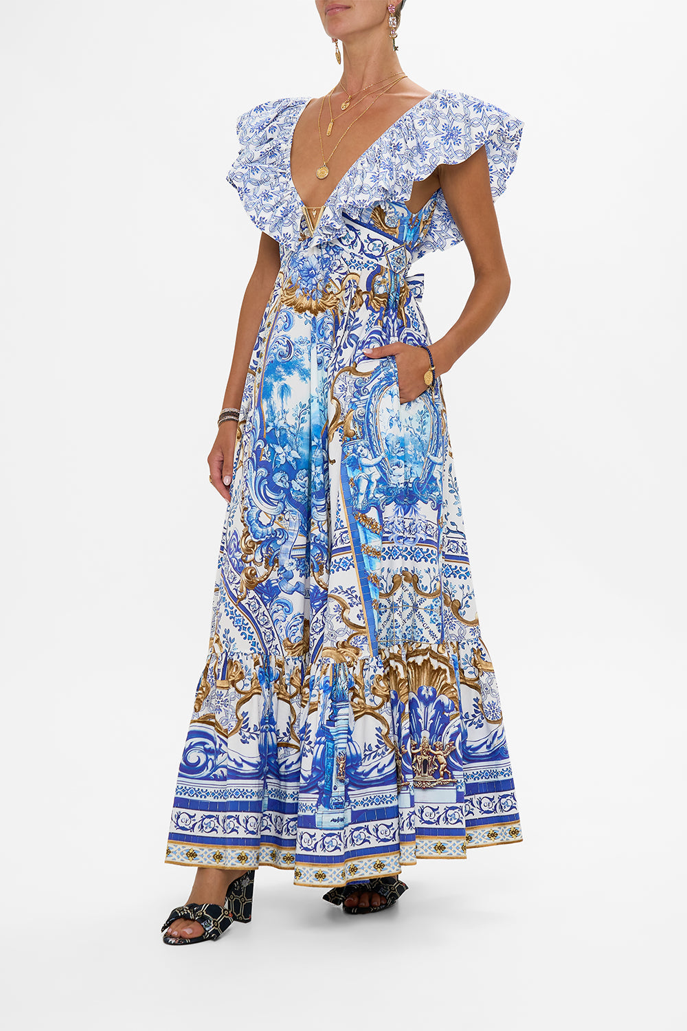The CAMILLA FRILL NECK DRESS WITH HARDWARE AZUL ADVENTURES in our  print.