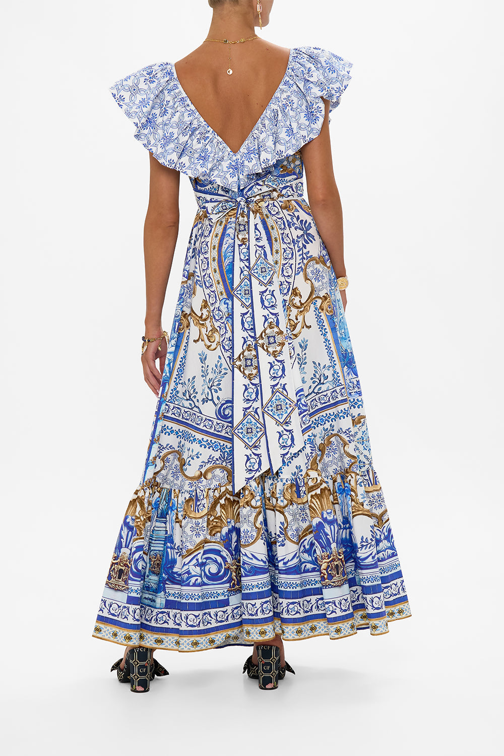 The CAMILLA FRILL NECK DRESS WITH HARDWARE AZUL ADVENTURES in our  print.