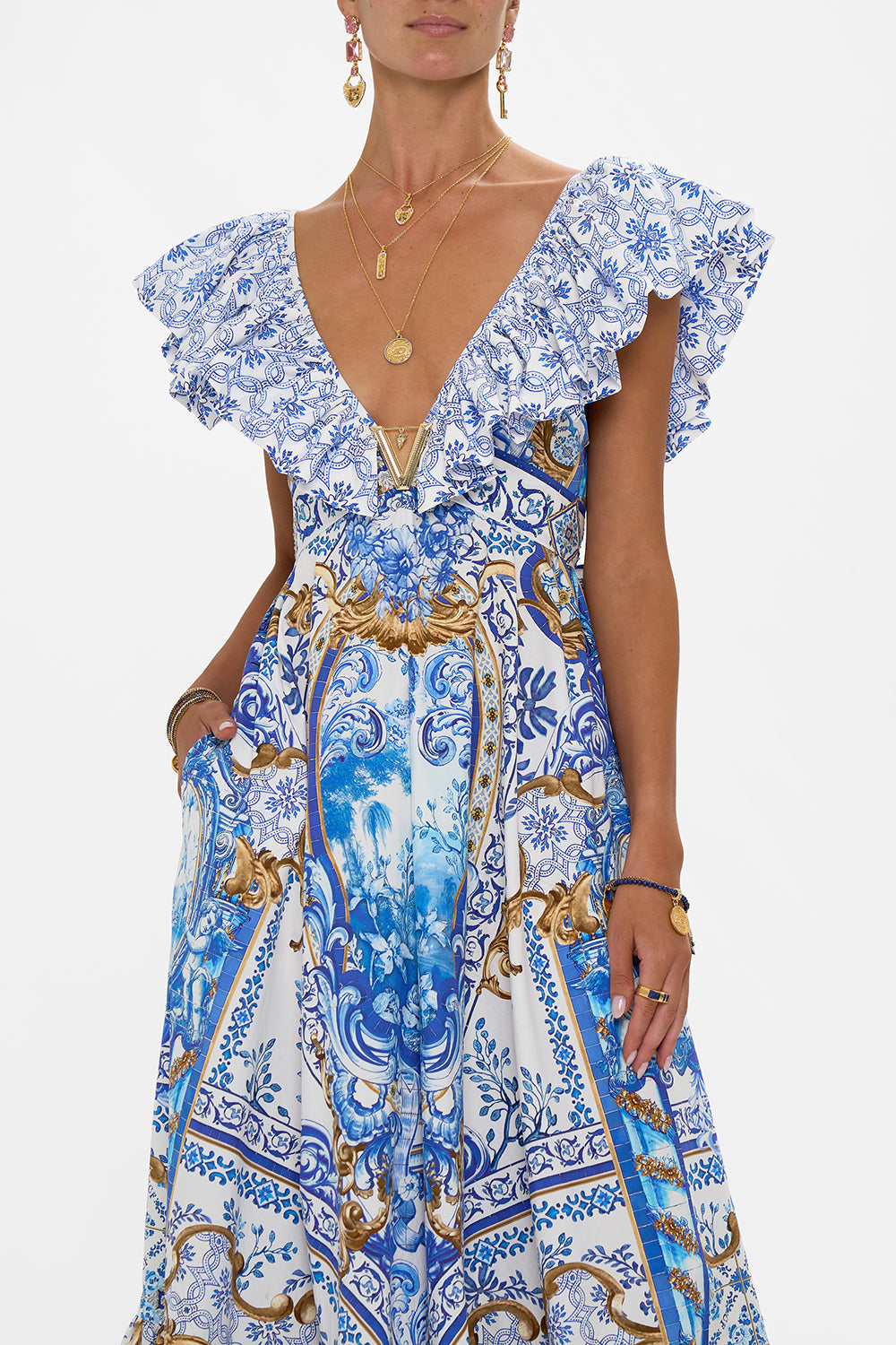 The CAMILLA FRILL NECK DRESS WITH HARDWARE AZUL ADVENTURES in our  print.