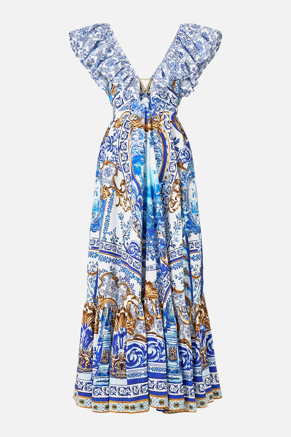 The CAMILLA FRILL NECK DRESS WITH HARDWARE AZUL ADVENTURES in our  print.