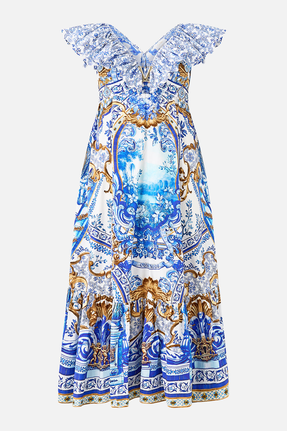 The CAMILLA FRILL NECK DRESS WITH HARDWARE AZUL ADVENTURES in our  print.