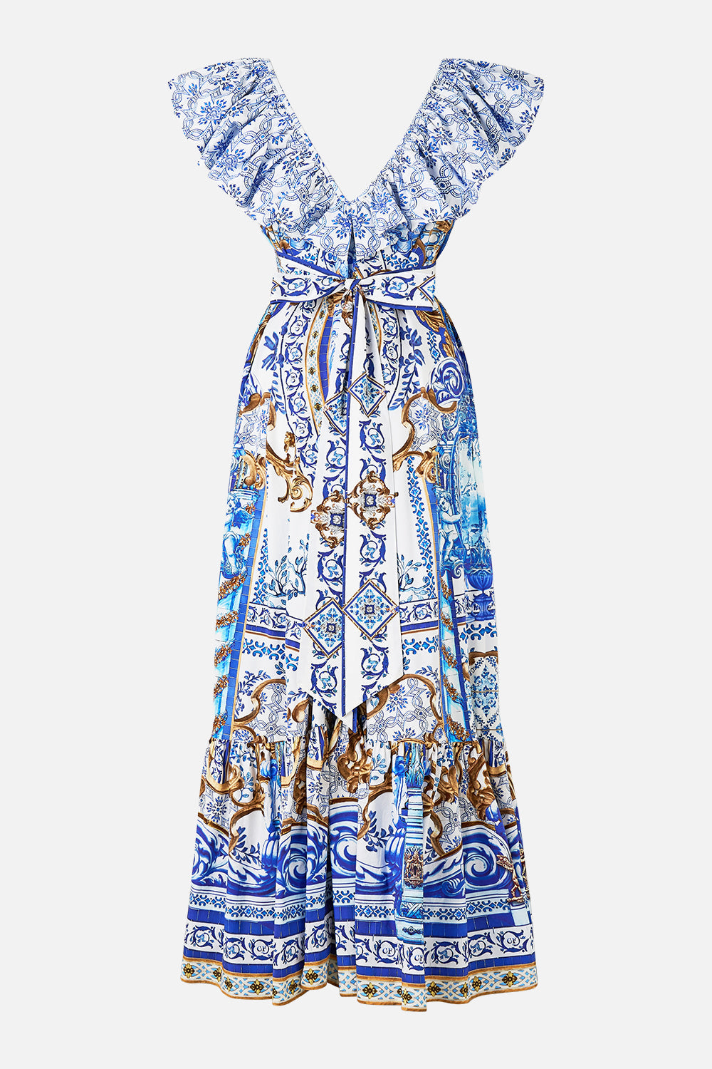 The CAMILLA FRILL NECK DRESS WITH HARDWARE AZUL ADVENTURES in our  print.