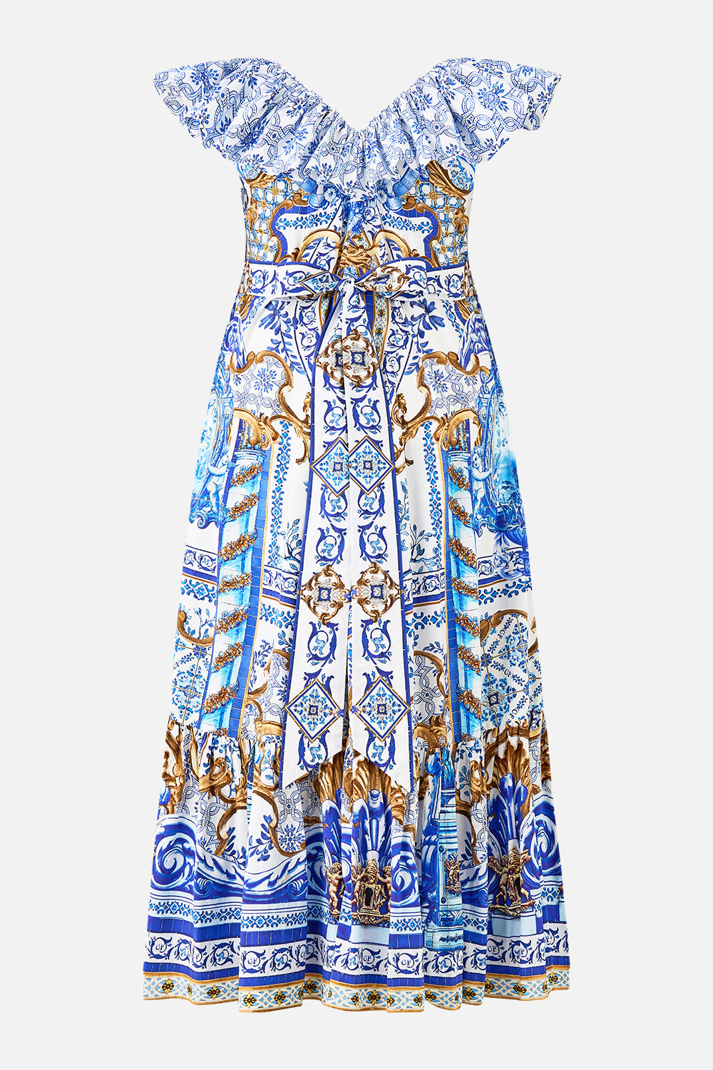 The CAMILLA FRILL NECK DRESS WITH HARDWARE AZUL ADVENTURES in our  print.