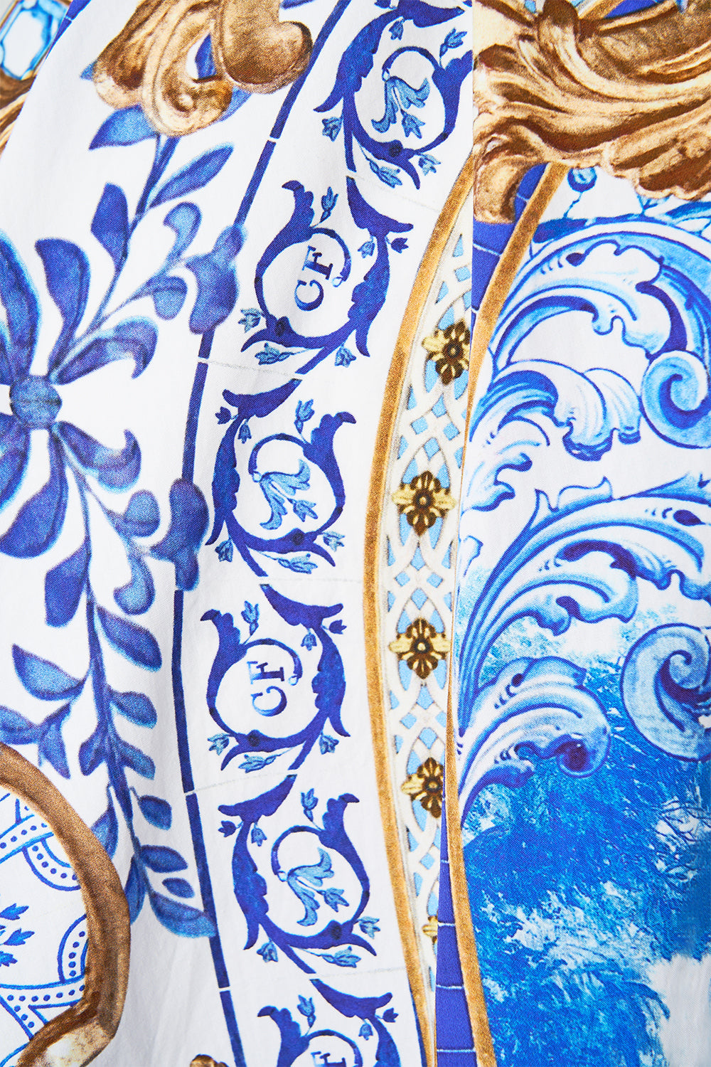 The CAMILLA FRILL NECK DRESS WITH HARDWARE AZUL ADVENTURES in our  print.