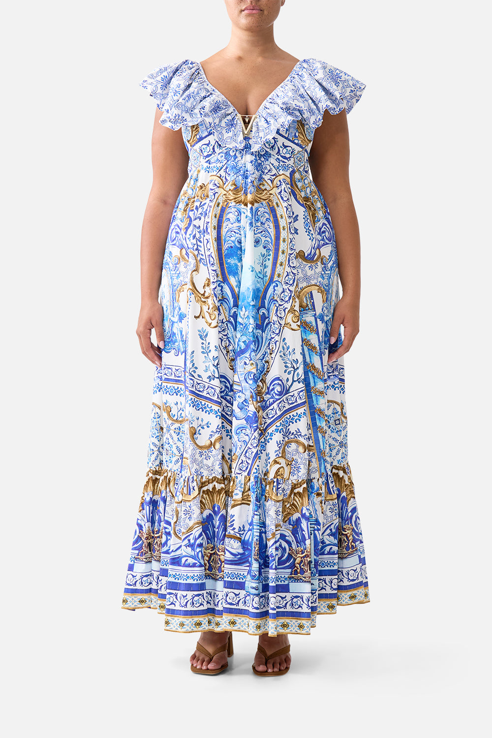 The CAMILLA FRILL NECK DRESS WITH HARDWARE AZUL ADVENTURES in our  print.