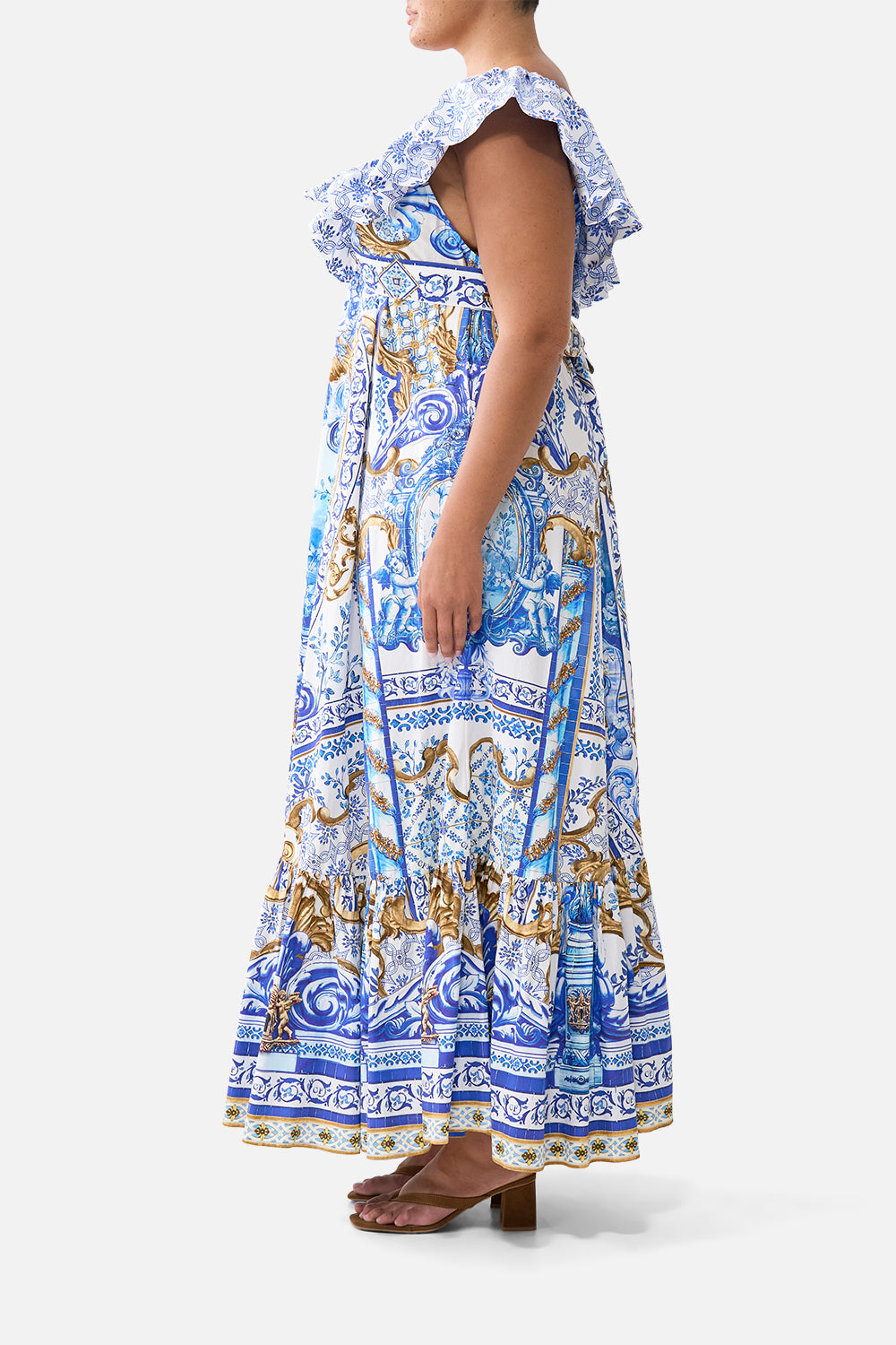 The CAMILLA FRILL NECK DRESS WITH HARDWARE AZUL ADVENTURES in our  print.