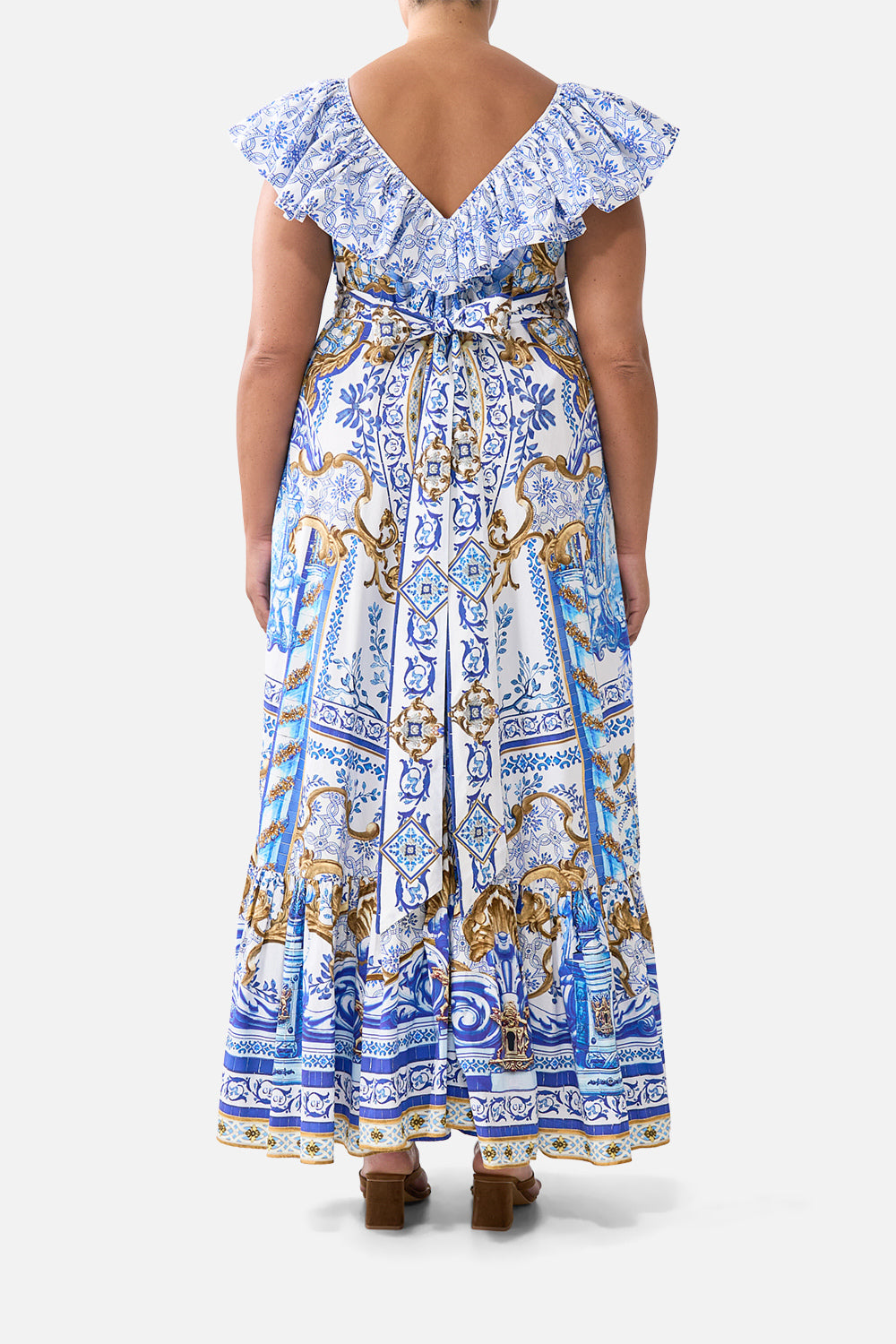 The CAMILLA FRILL NECK DRESS WITH HARDWARE AZUL ADVENTURES in our  print.
