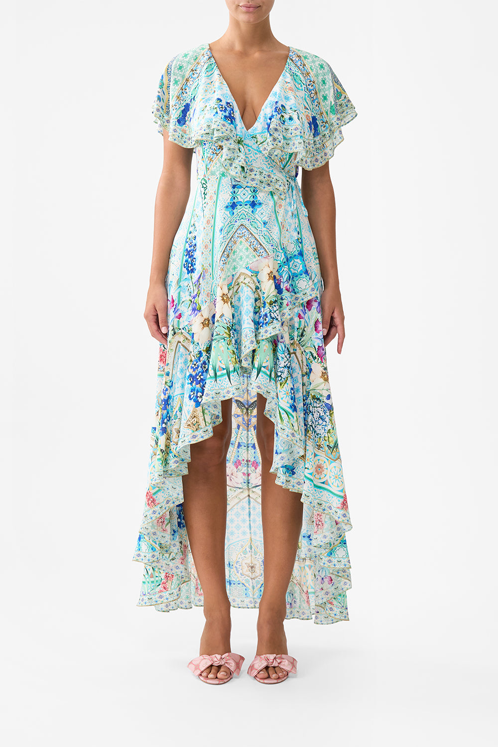 The CAMILLA FRILL SLEEVE LONG DRESS SUNRISE IN SINTRA in our SUNRISE IN SINTRA print.