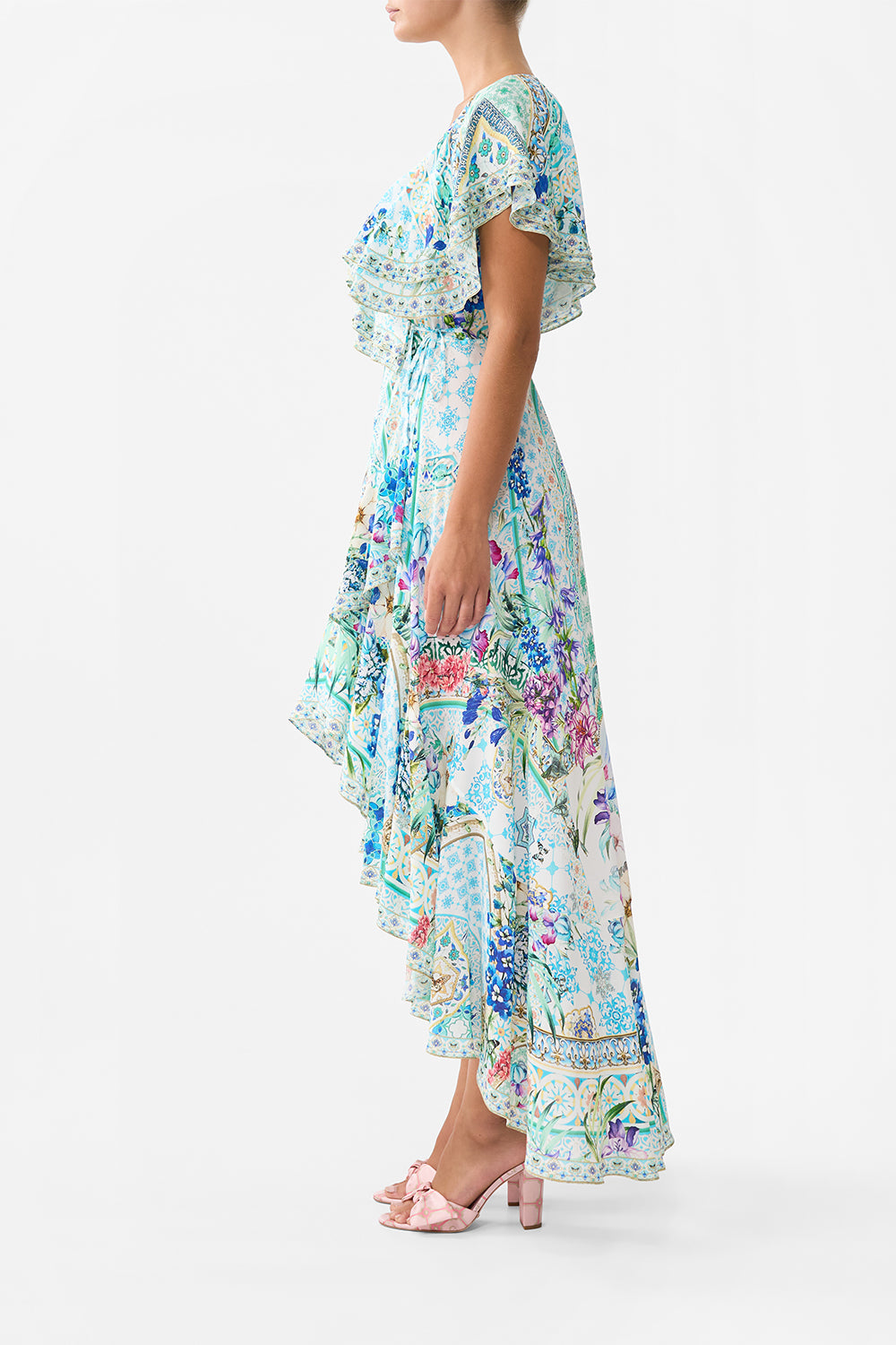 The CAMILLA FRILL SLEEVE LONG DRESS SUNRISE IN SINTRA in our  print.