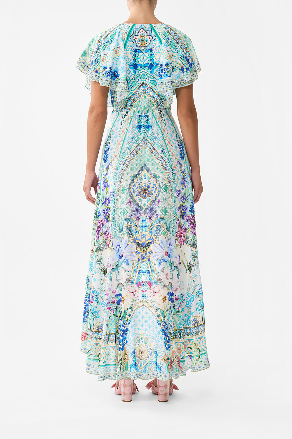 The CAMILLA FRILL SLEEVE LONG DRESS SUNRISE IN SINTRA in our  print.