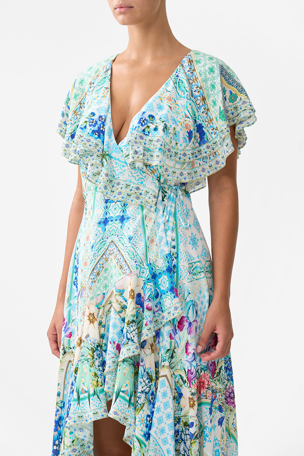 The CAMILLA FRILL SLEEVE LONG DRESS SUNRISE IN SINTRA in our  print.