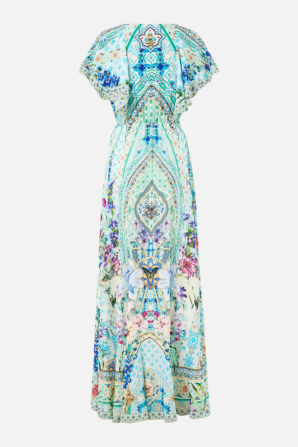 The CAMILLA FRILL SLEEVE LONG DRESS SUNRISE IN SINTRA in our  print.