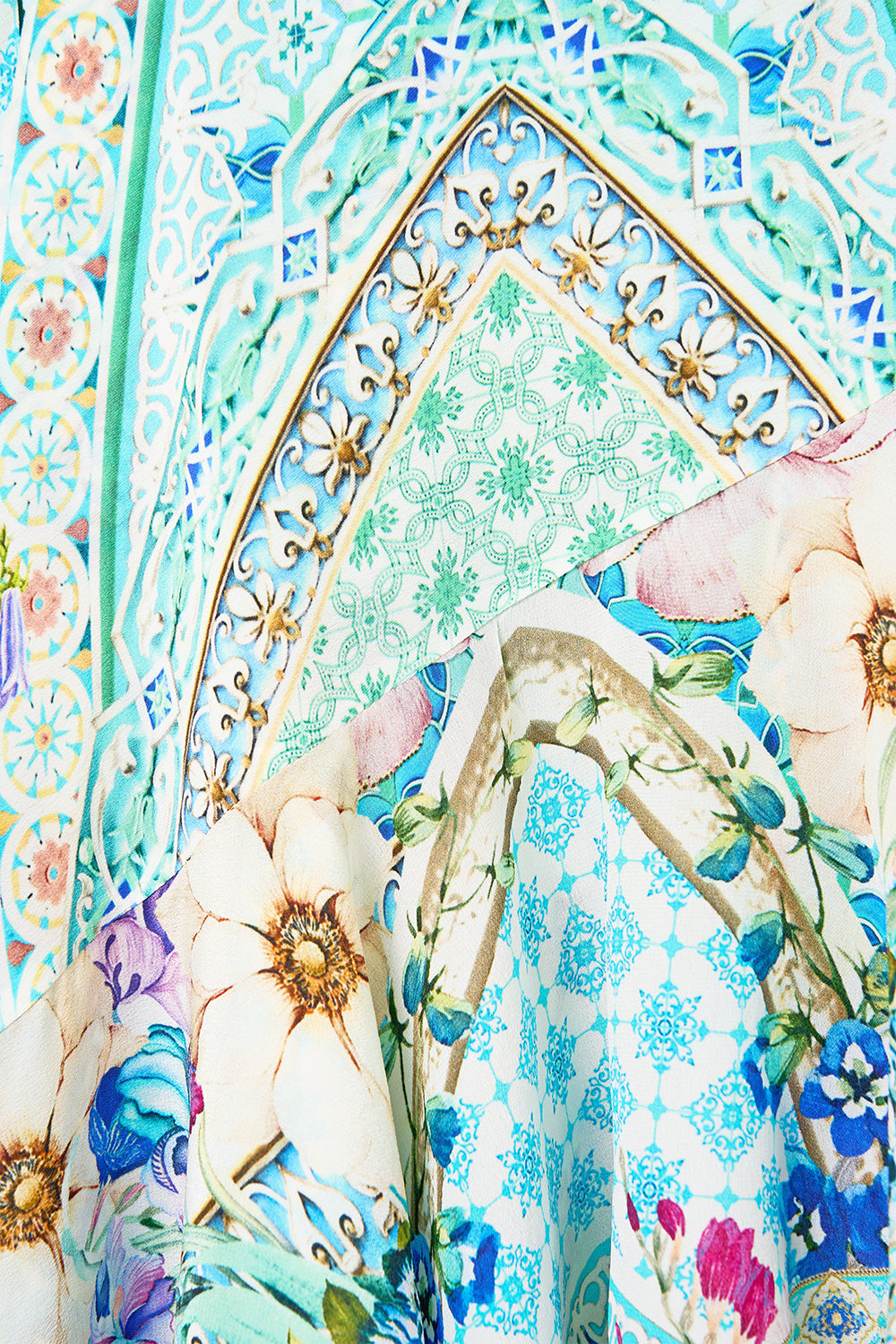 The CAMILLA FRILL SLEEVE LONG DRESS SUNRISE IN SINTRA in our  print.
