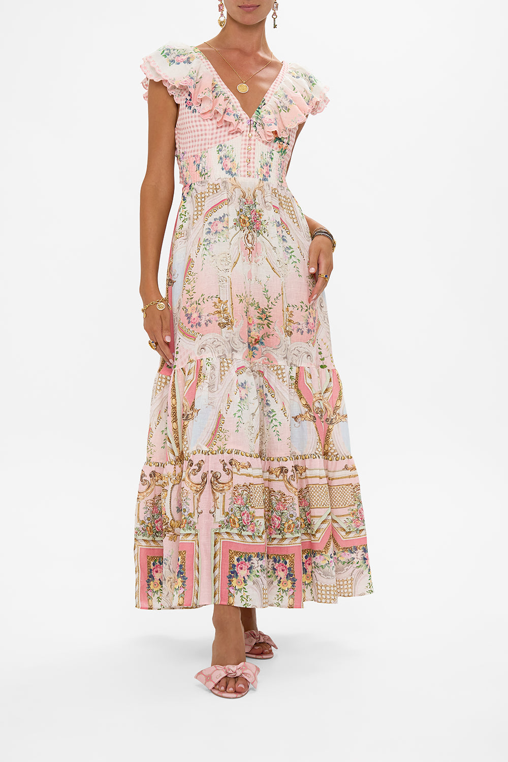 The CAMILLA TIERED DRESS WITH NECK FRILL LISBON LULLABY in our LISBON LULLABY print.