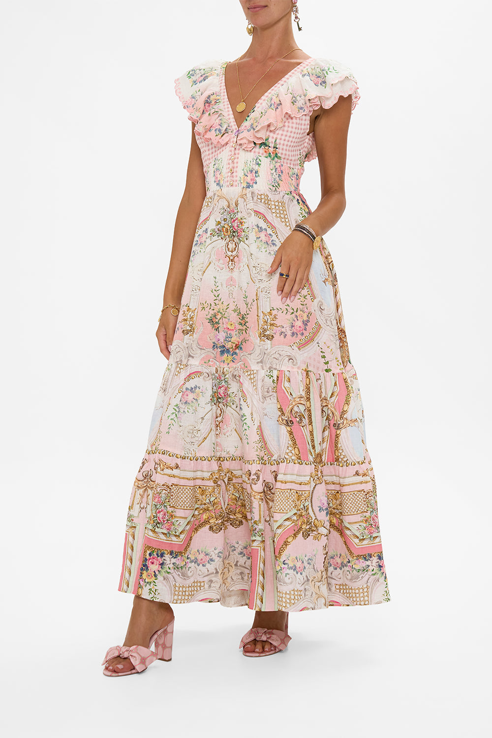 The CAMILLA TIERED DRESS WITH NECK FRILL LISBON LULLABY in our  print.