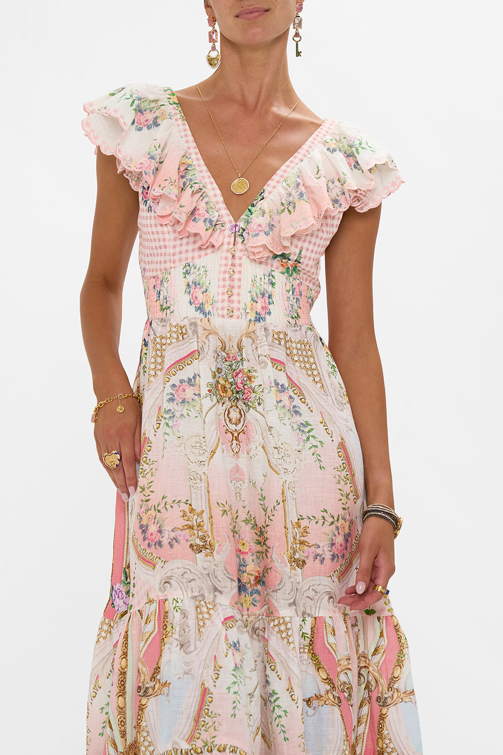 The CAMILLA TIERED DRESS WITH NECK FRILL LISBON LULLABY in our  print.