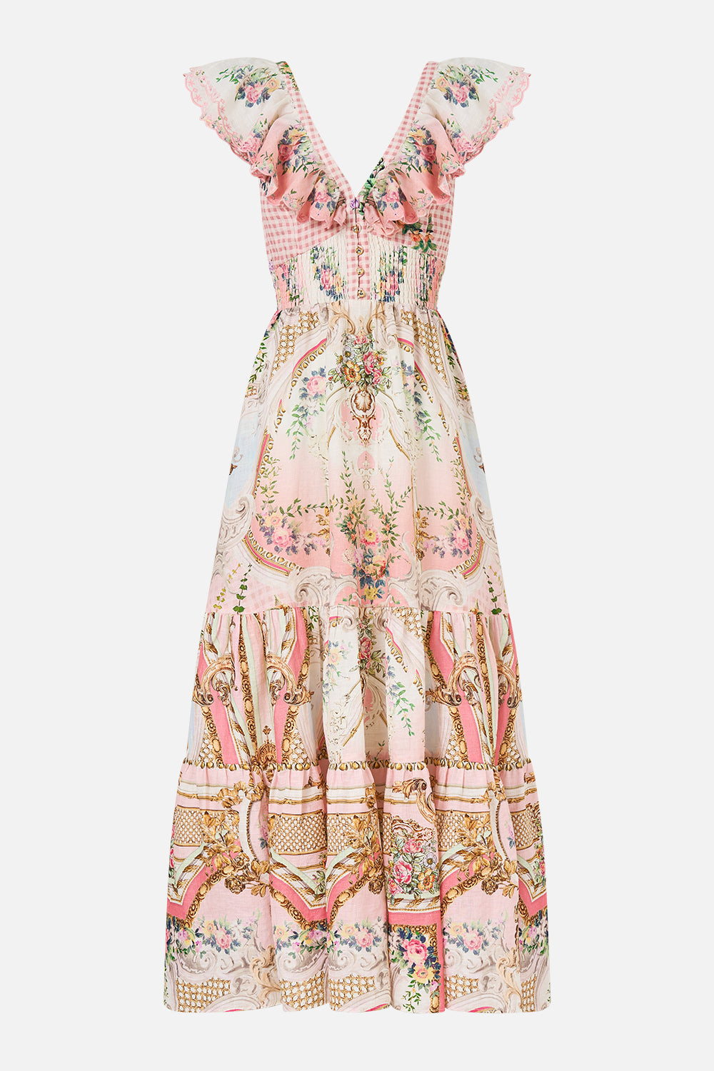 The CAMILLA TIERED DRESS WITH NECK FRILL LISBON LULLABY in our  print.
