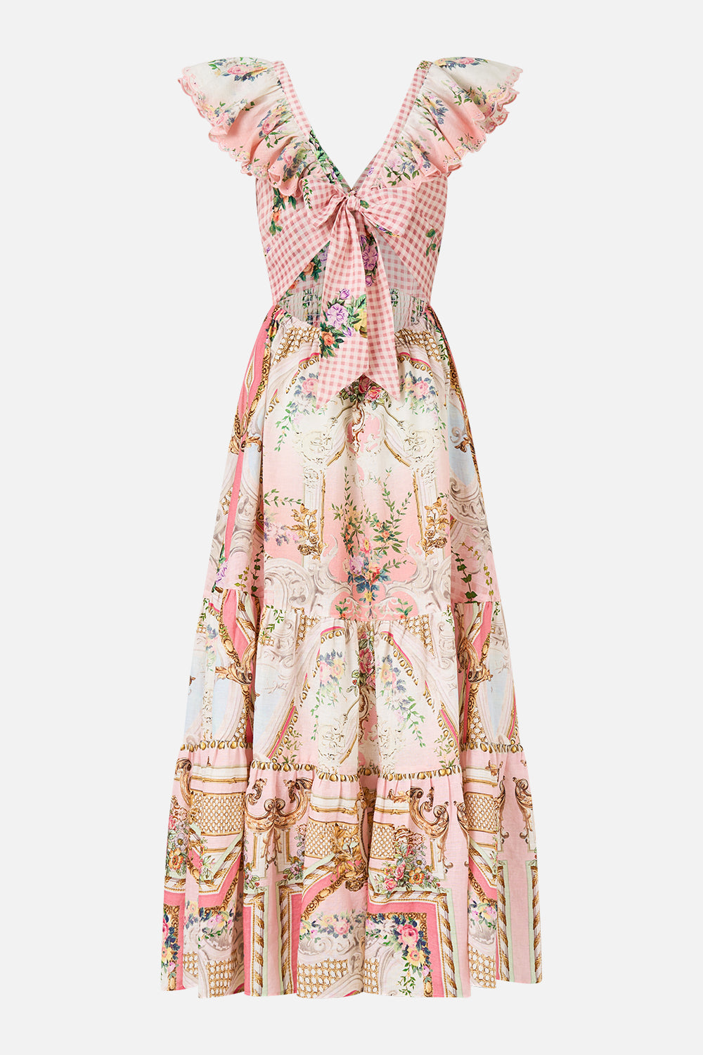 The CAMILLA TIERED DRESS WITH NECK FRILL LISBON LULLABY in our  print.