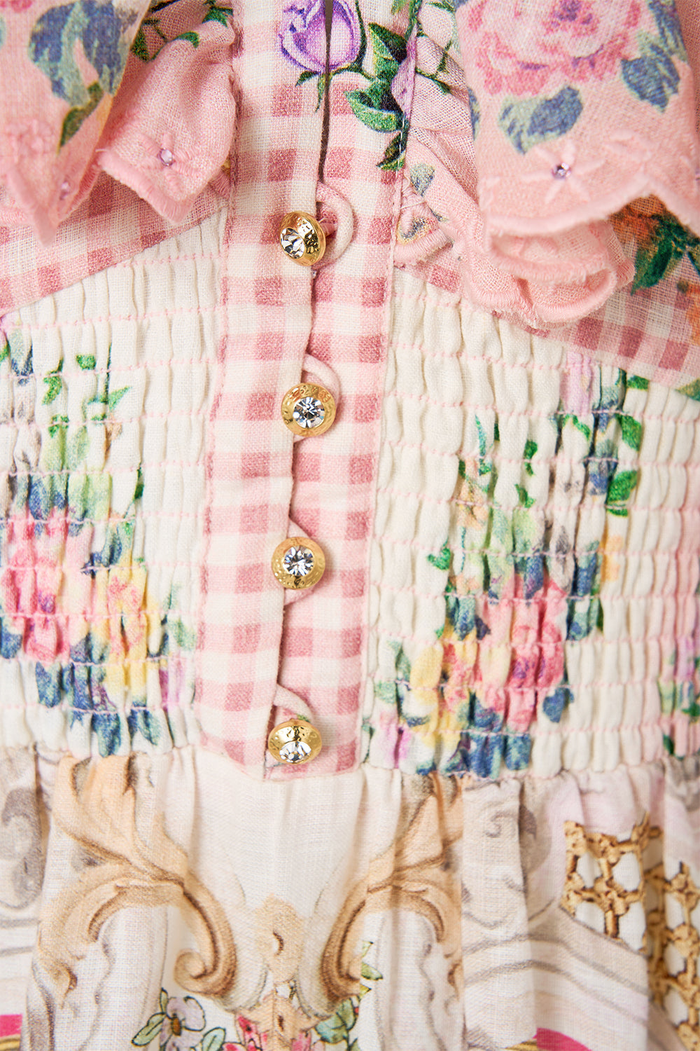 The CAMILLA TIERED DRESS WITH NECK FRILL LISBON LULLABY in our  print.