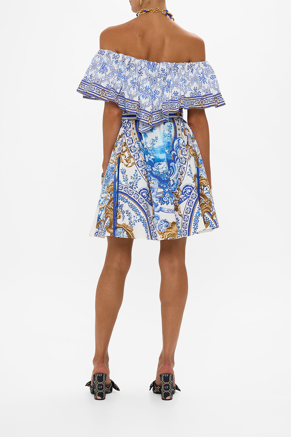 The CAMILLA SHOULDER FRILL SHORT DRESS AZUL ADVENTURES in our  print.