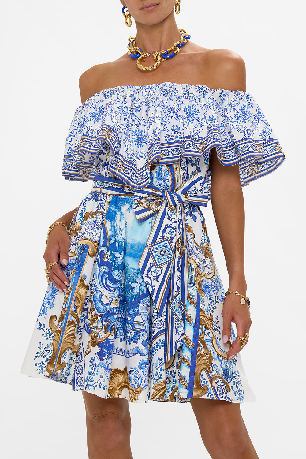 The CAMILLA SHOULDER FRILL SHORT DRESS AZUL ADVENTURES in our  print.
