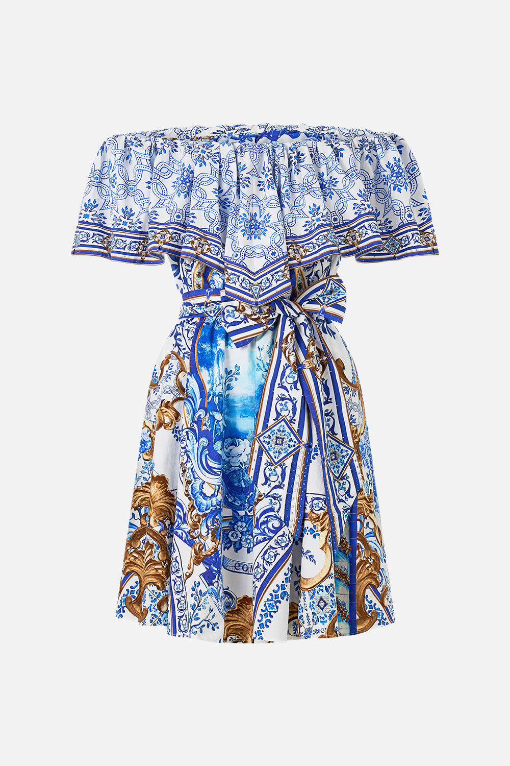 The CAMILLA SHOULDER FRILL SHORT DRESS AZUL ADVENTURES in our  print.