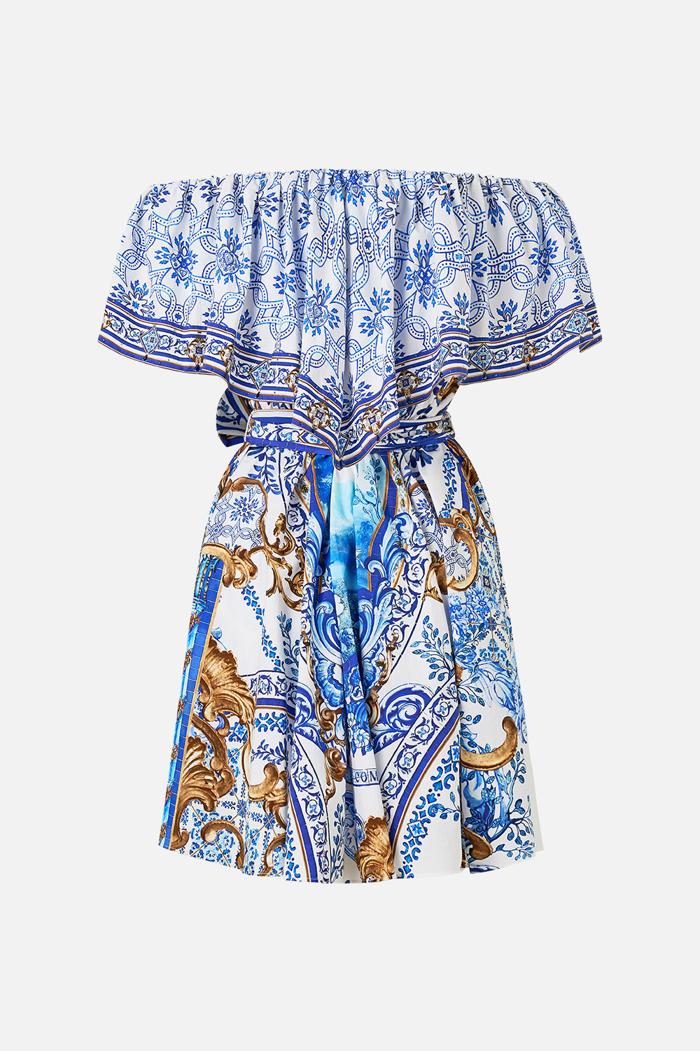 The CAMILLA SHOULDER FRILL SHORT DRESS AZUL ADVENTURES in our  print.