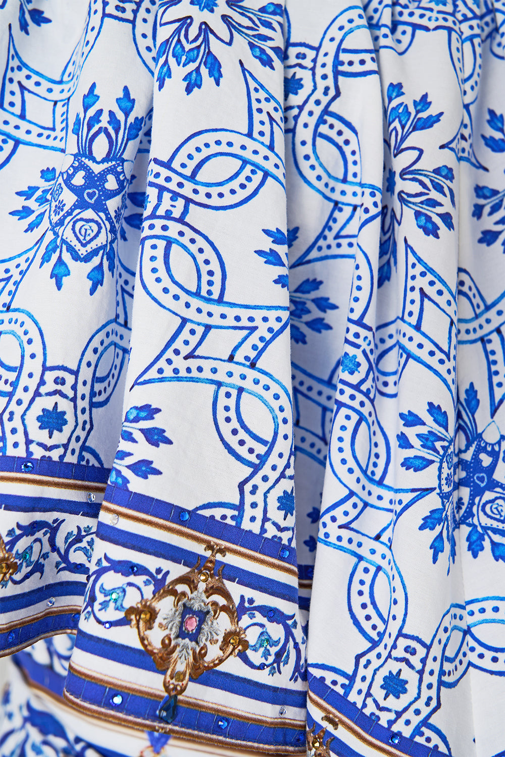 The CAMILLA SHOULDER FRILL SHORT DRESS AZUL ADVENTURES in our  print.