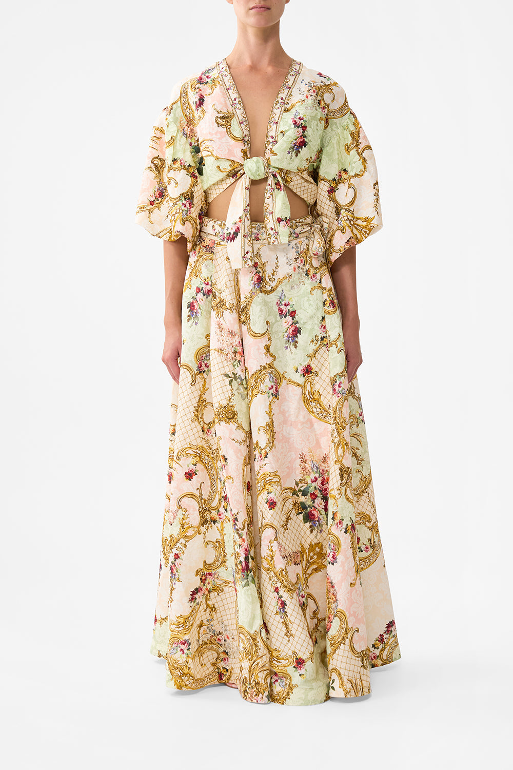 The CAMILLA MAXI WRAP SKIRT THE QUEENS QUARTERS in our THE QUEENS QUARTERS print.