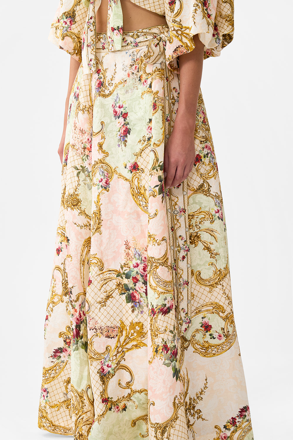 The CAMILLA MAXI WRAP SKIRT THE QUEENS QUARTERS in our  print.