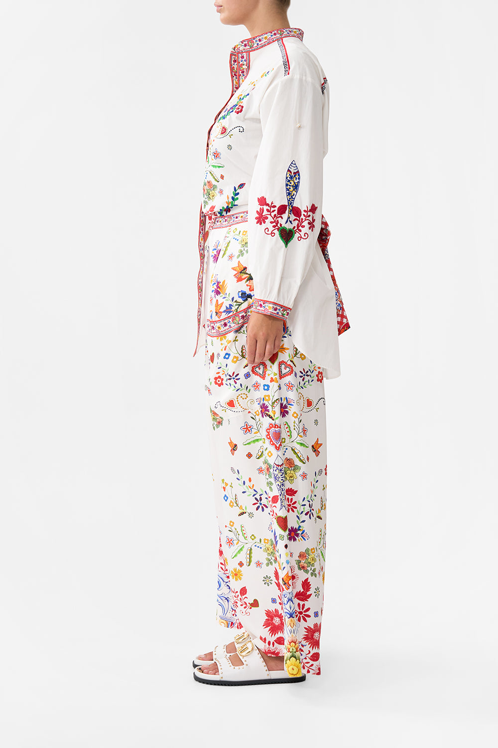 The CAMILLA WIDE LEG TROUSER WITH FRONT POCKETS FAITH, LUCK & JUSTICE in our  print.
