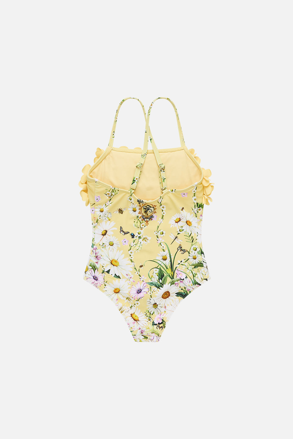 The CAMILLA KIDS STRAIGHT NECK ONE PIECE W ROSETTES 4-10 DAISY CHAINS in our  print.