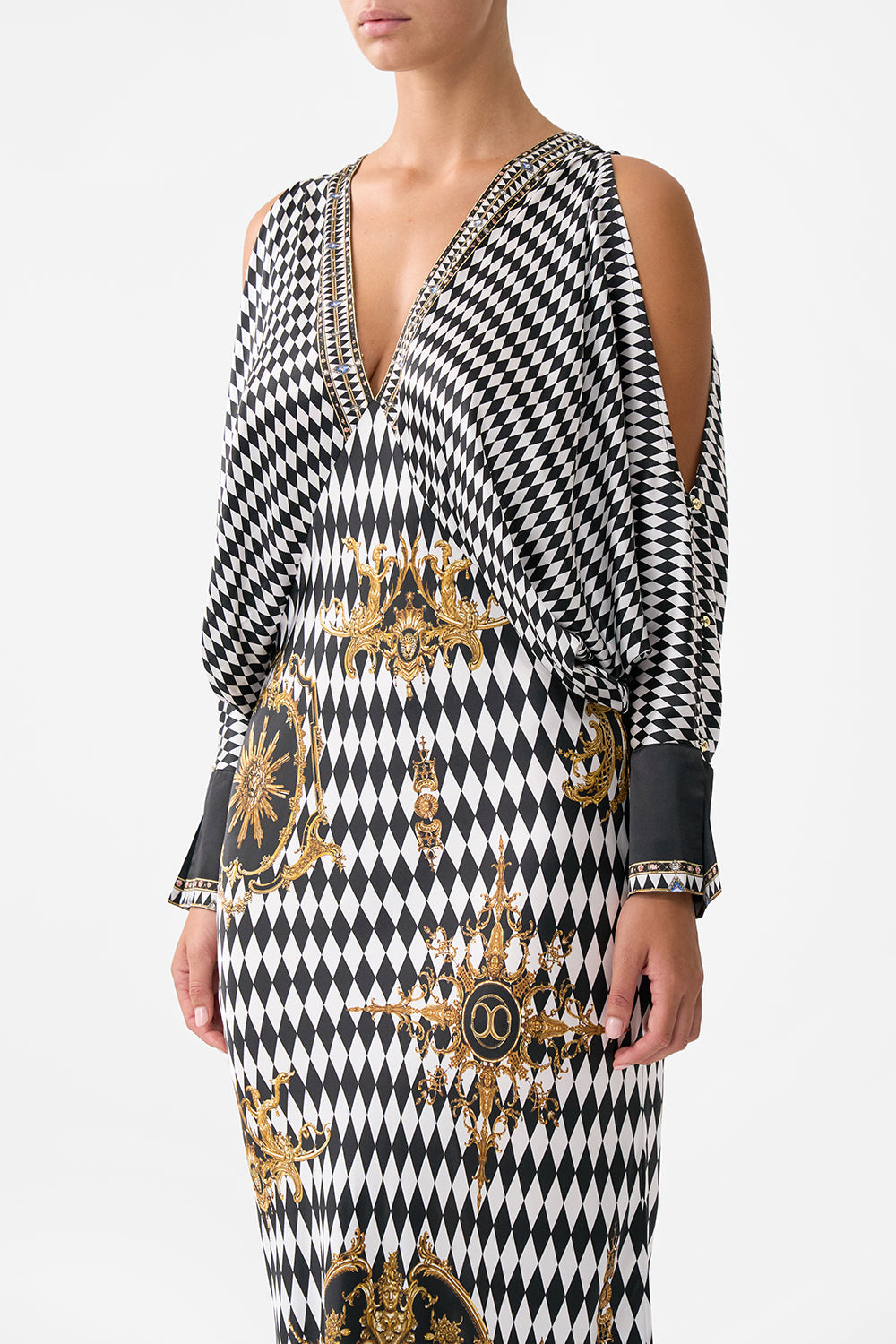 PLUNGE NECK DRAPED SHOULDER DRESS MONARCHY MANIA