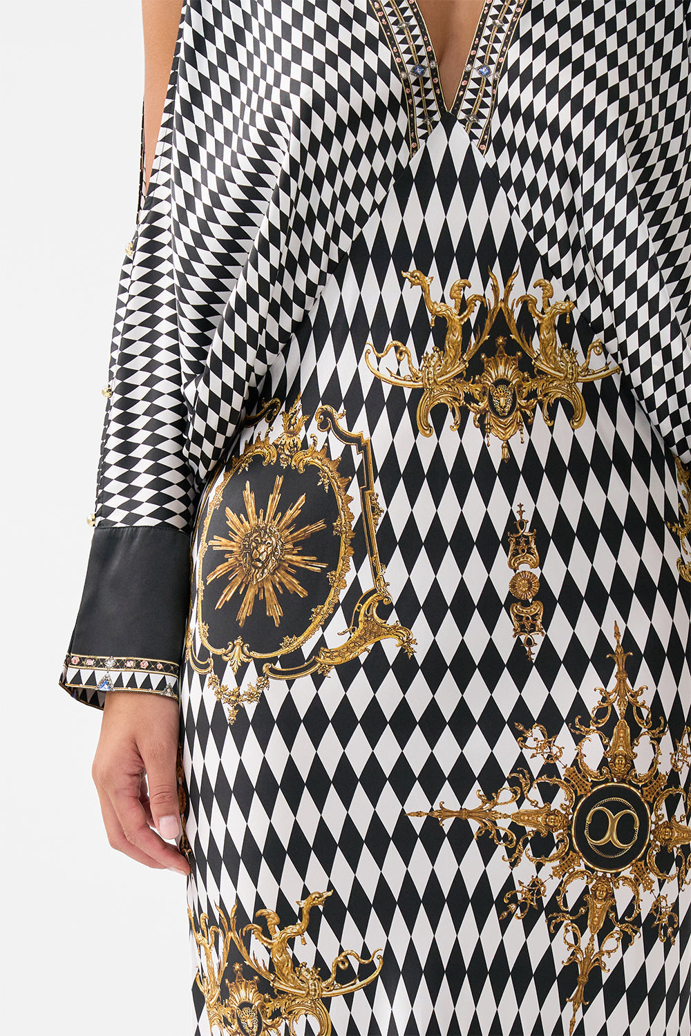The CAMILLA PLUNGE NECK DRAPED SHOULDER DRESS MONARCHY MANIA in our  print.