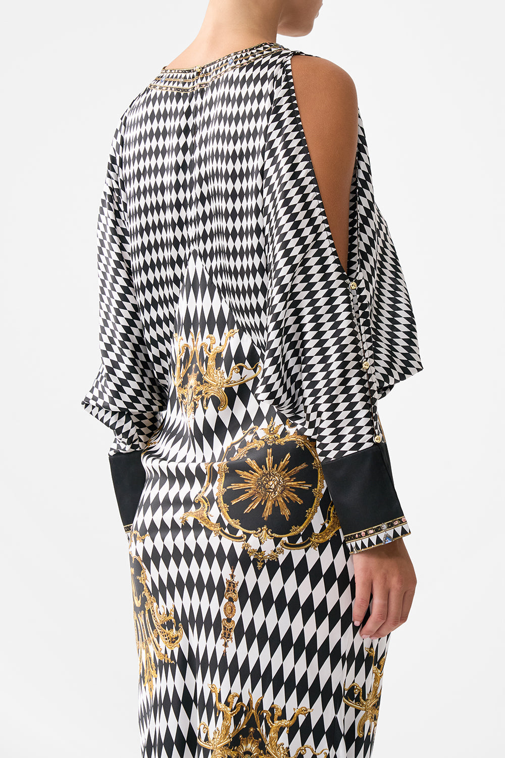 The CAMILLA PLUNGE NECK DRAPED SHOULDER DRESS MONARCHY MANIA in our  print.