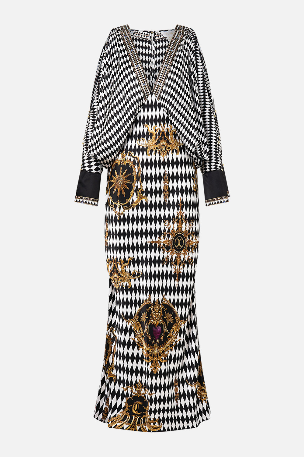 The CAMILLA PLUNGE NECK DRAPED SHOULDER DRESS MONARCHY MANIA in our  print.