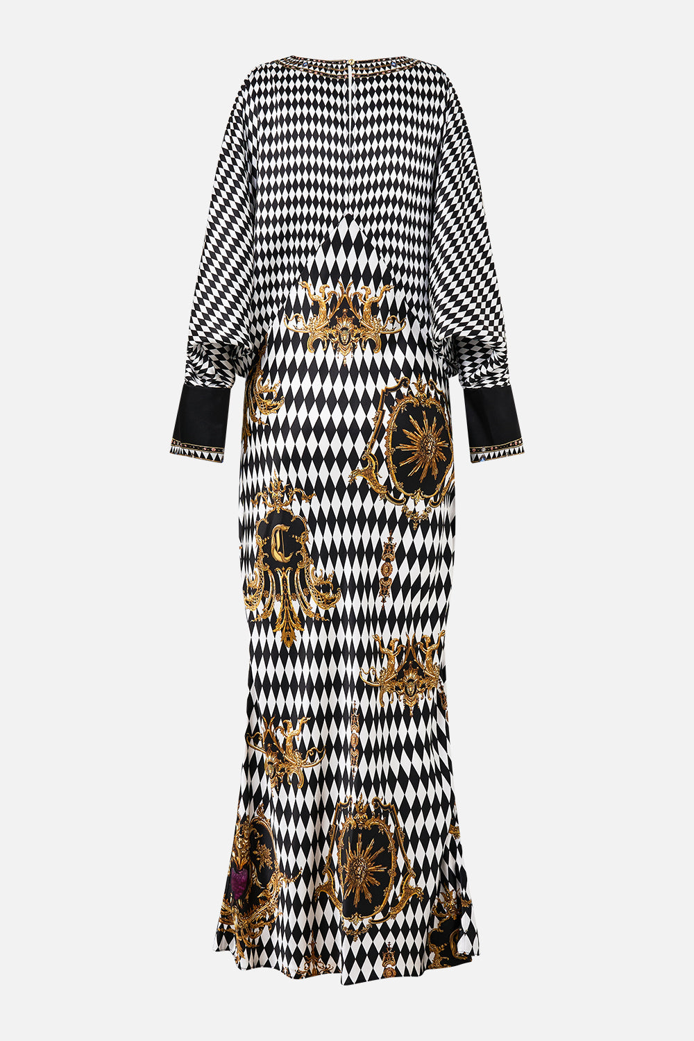 The CAMILLA PLUNGE NECK DRAPED SHOULDER DRESS MONARCHY MANIA in our  print.