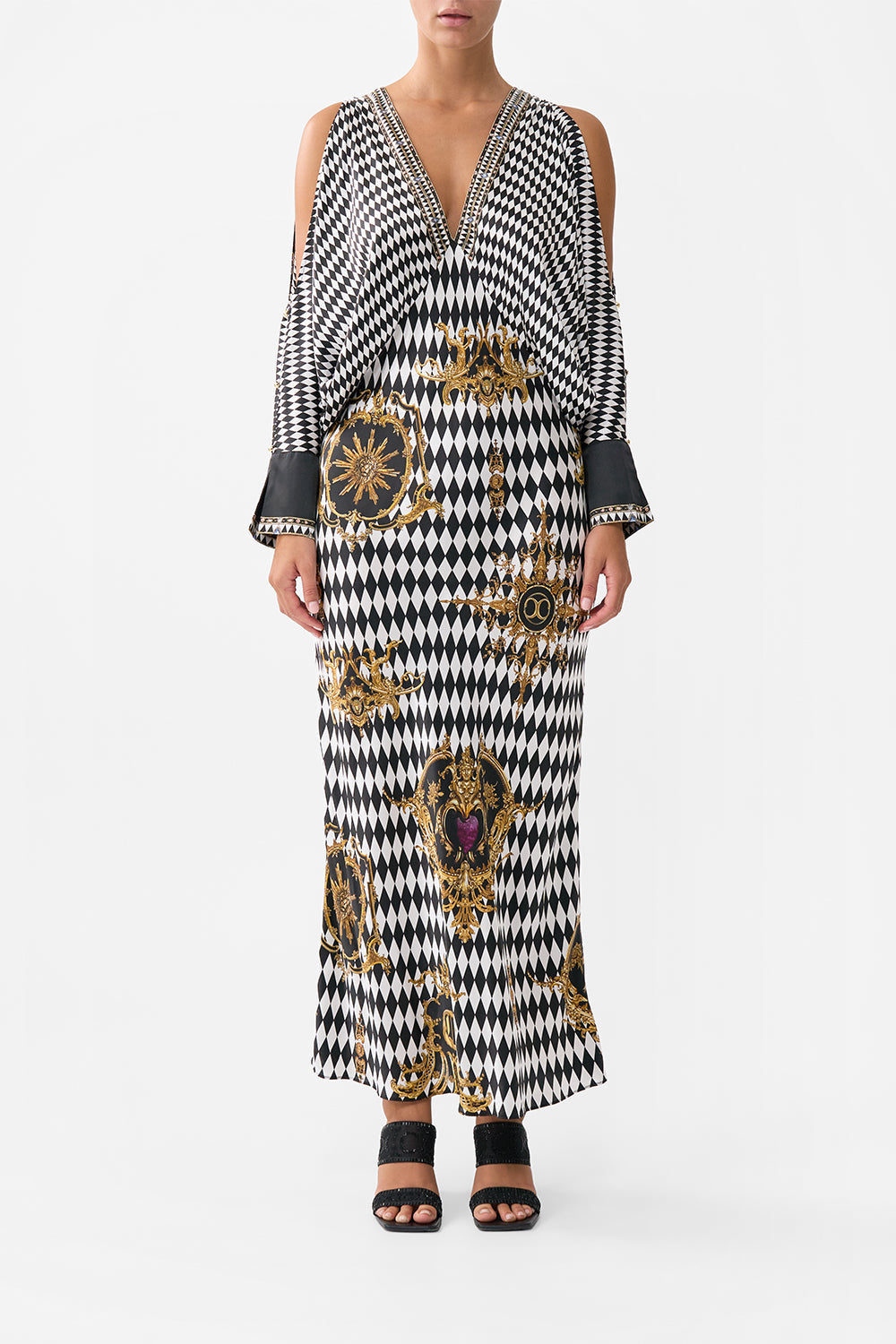 The CAMILLA PLUNGE NECK DRAPED SHOULDER DRESS MONARCHY MANIA in our MONARCHY MANIA print.