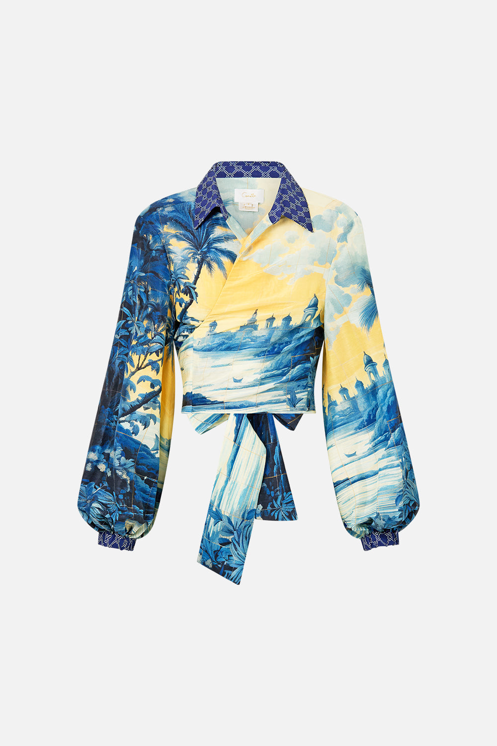 The CAMILLA CROPPED WRAP SHIRT SONG OF SAINT ANTHONY in our  print.
