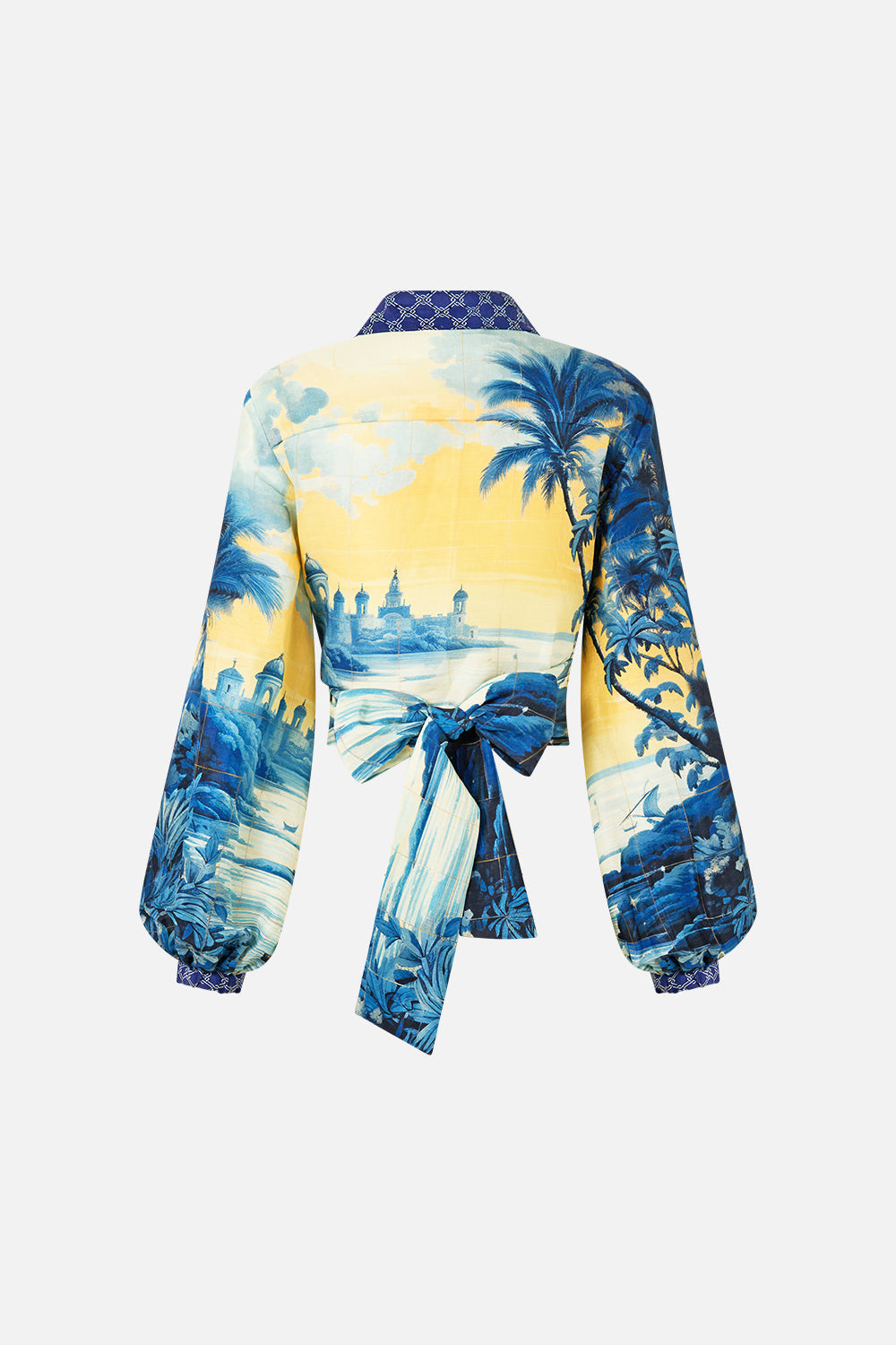 The CAMILLA CROPPED WRAP SHIRT SONG OF SAINT ANTHONY in our  print.