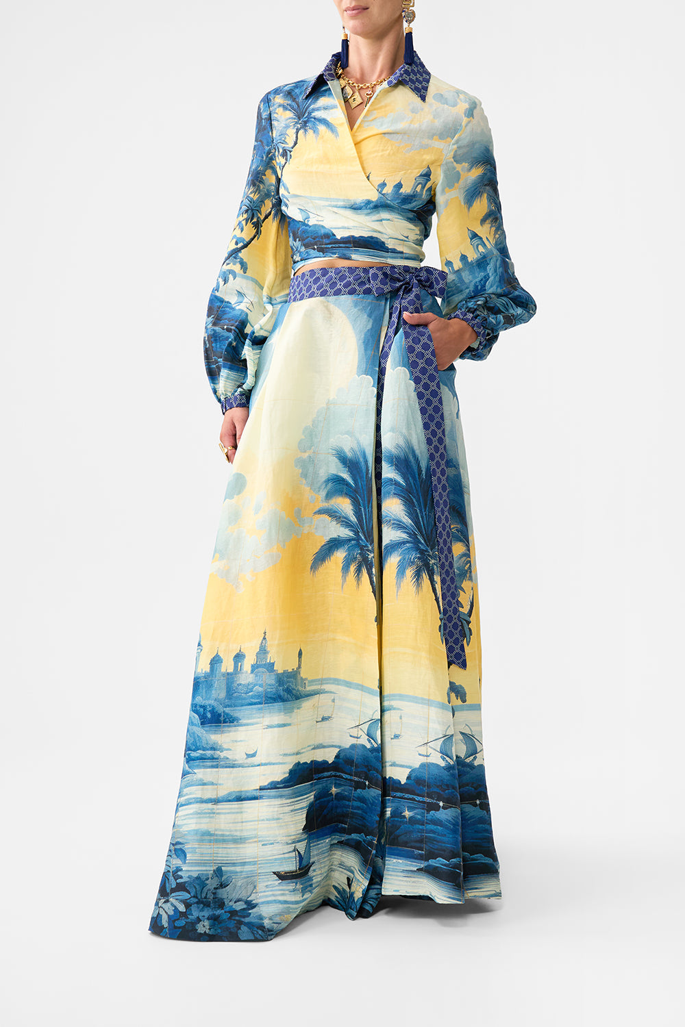 The CAMILLA CROPPED WRAP SHIRT SONG OF SAINT ANTHONY in our  print.