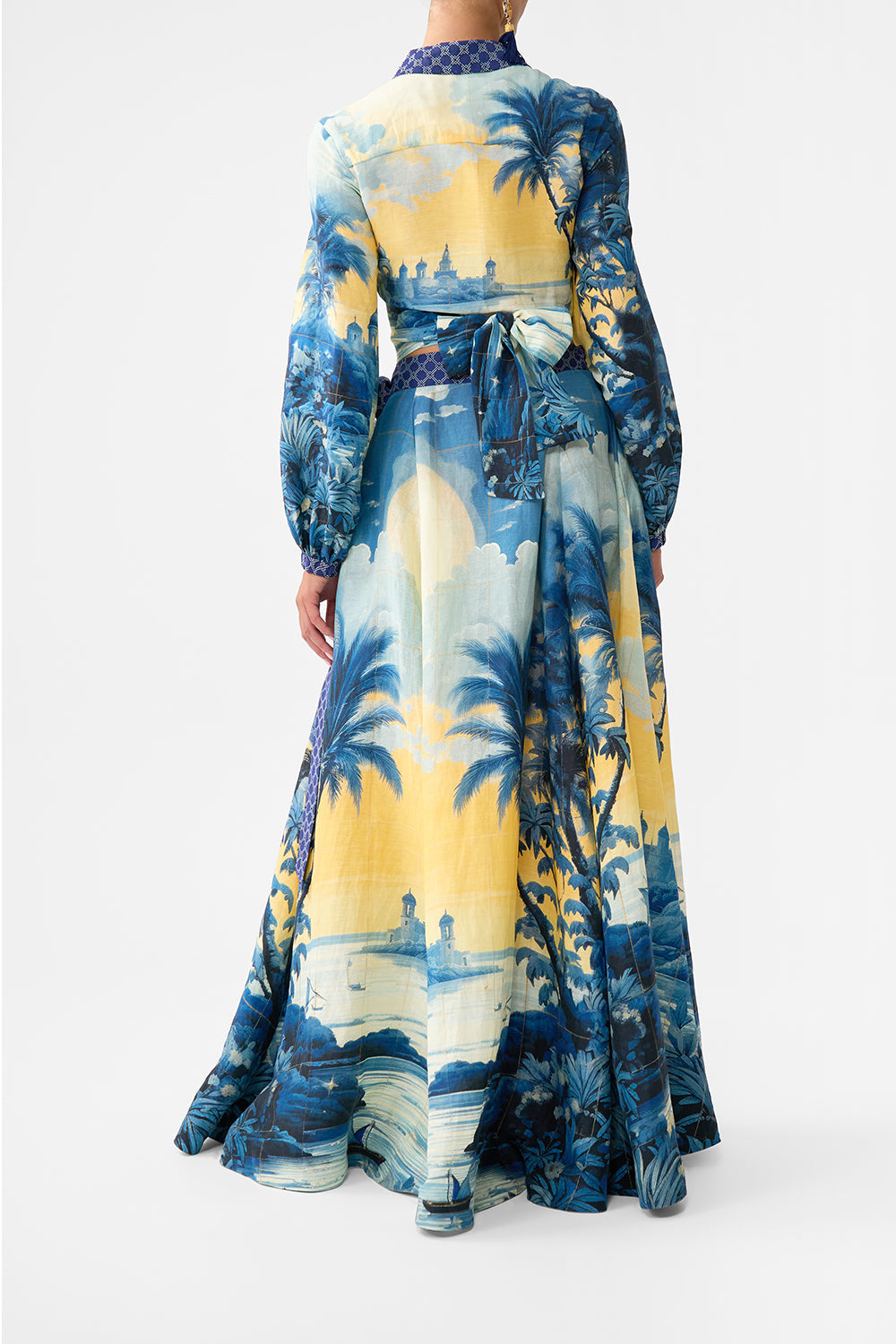 The CAMILLA CROPPED WRAP SHIRT SONG OF SAINT ANTHONY in our  print.