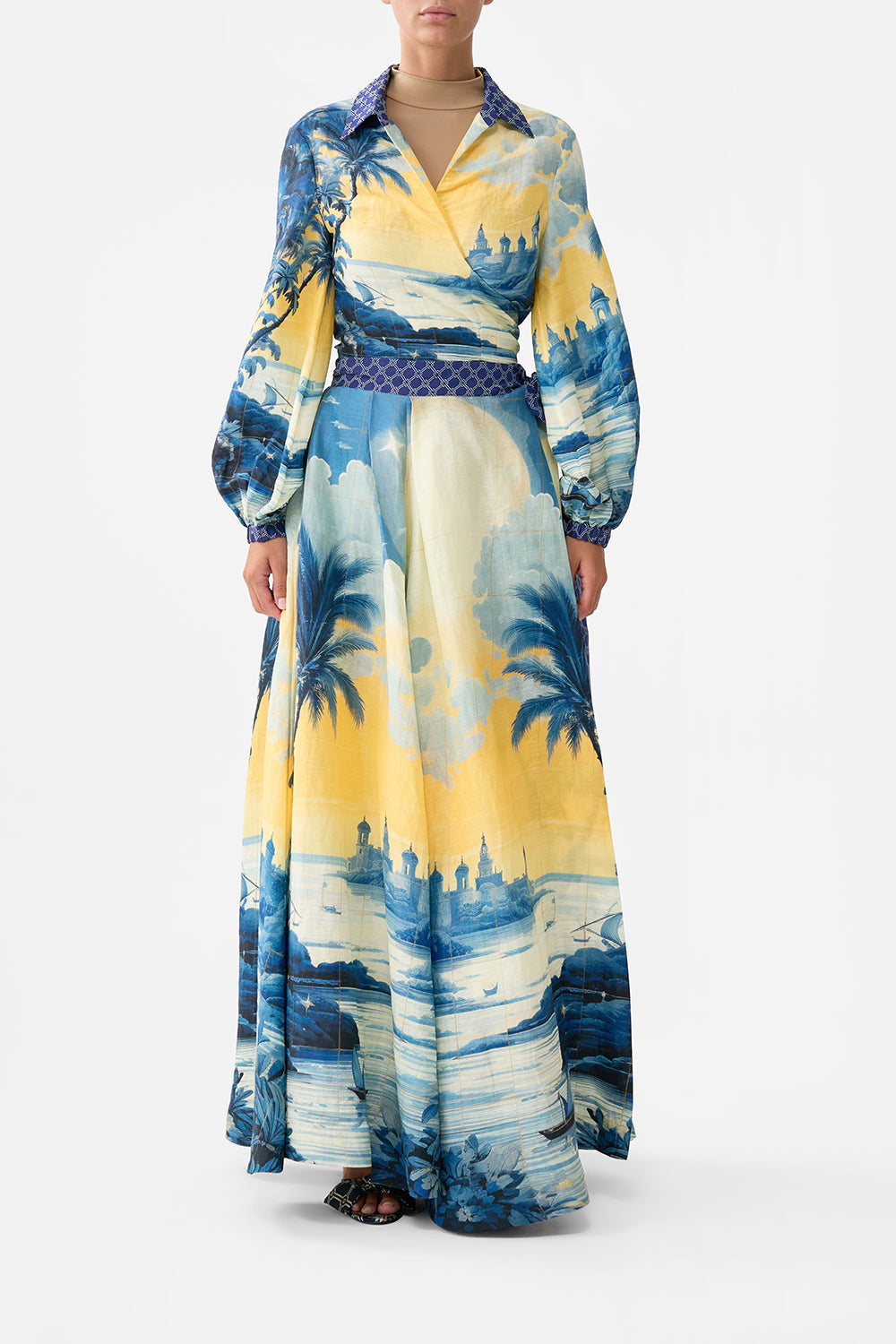The CAMILLA CROPPED WRAP SHIRT SONG OF SAINT ANTHONY in our  print.