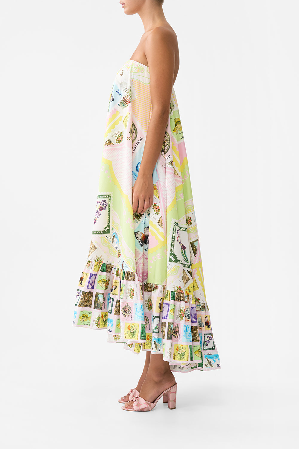 The CAMILLA STRAPLESS MAXI WITH RUFFLE HEM WITH LOVE FROM LISBON in our  print.