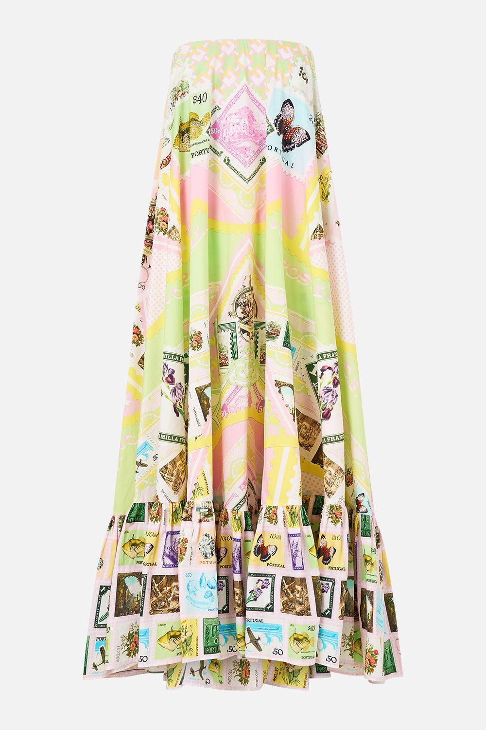 The CAMILLA STRAPLESS MAXI WITH RUFFLE HEM WITH LOVE FROM LISBON in our  print.