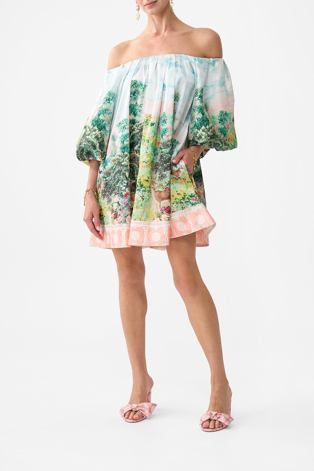 The CAMILLA OFF SHOULDER PUFF DRESS ARCHES OF AMOR in our ARCHES OF AMOR print.