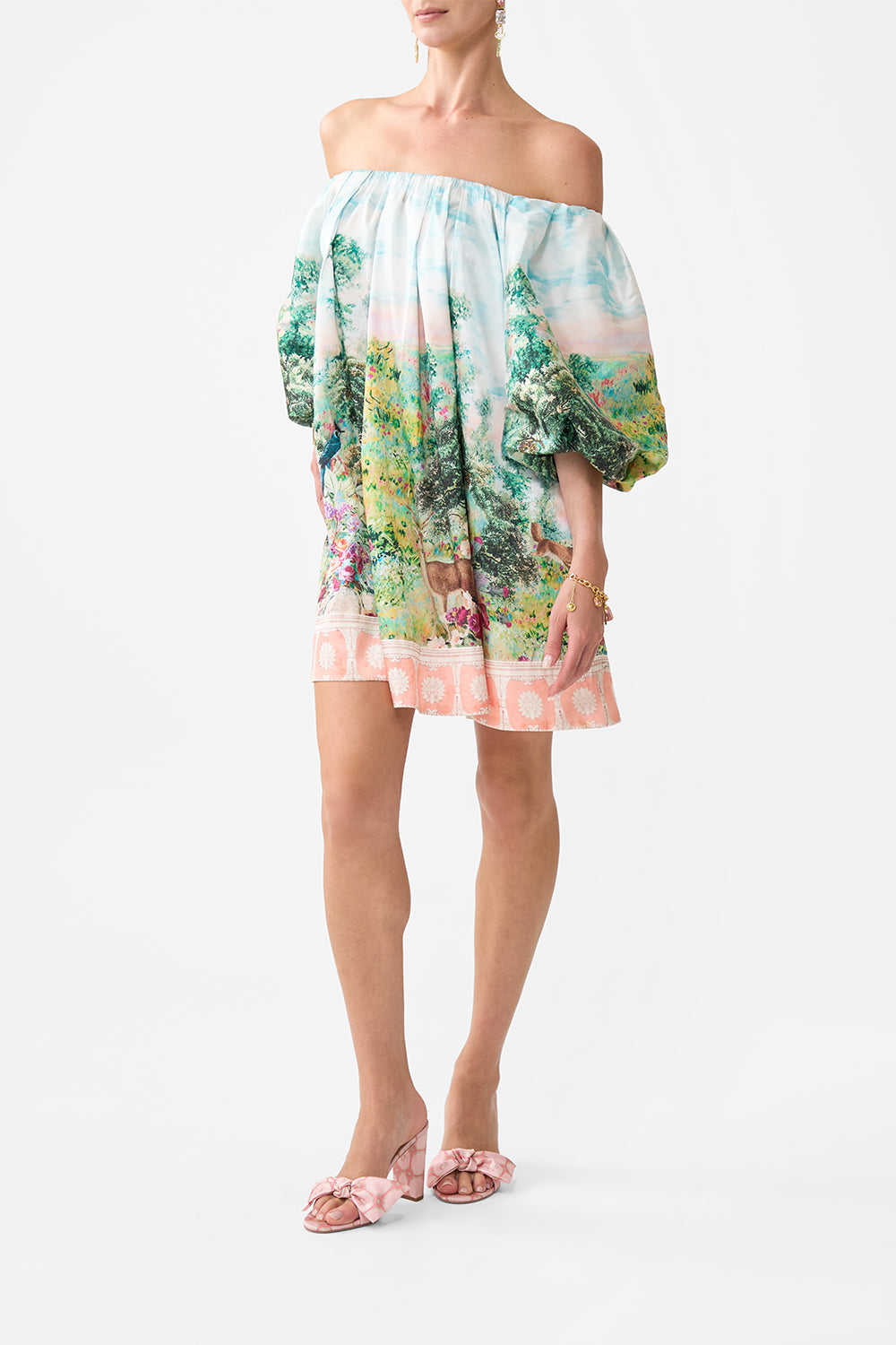 The CAMILLA OFF SHOULDER PUFF DRESS ARCHES OF AMOR in our  print.